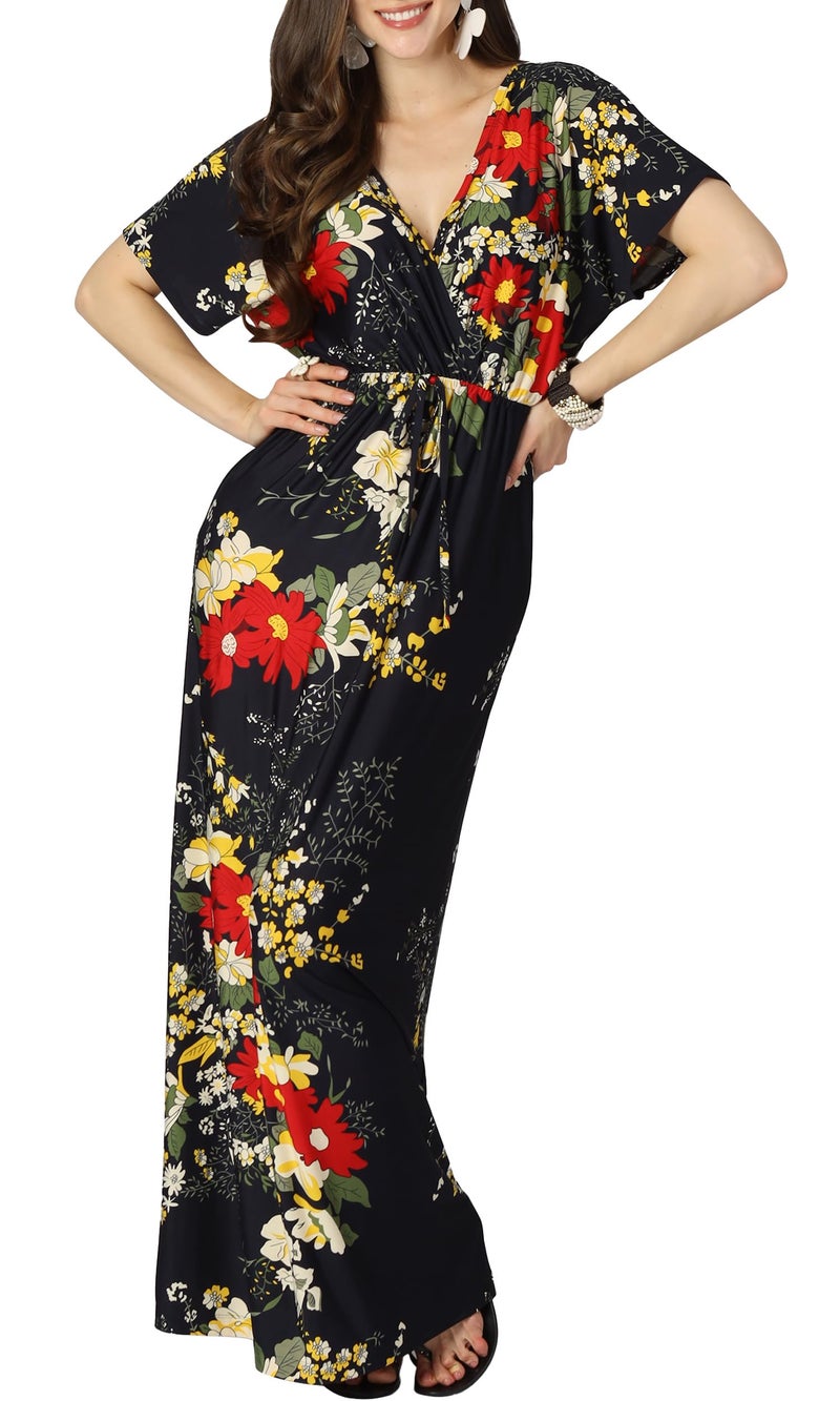 KOH KOH Womens Long Summer Floral Flower Print Sexy Kaftan Caftan Beach Casual Flowy Hawaiin Sun Cover-up Sundress Sundresses Gown Gowns Maxi Dress Dresses, Dark Navy Blue L 12-14 - Image 1